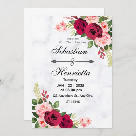 Elegante in Rot: Einladung zur Blumenhochzeit (Vorne/Hinten)