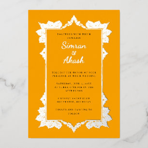 Elegante indianische Hochzeit in Orange und Silber Folieneinladung