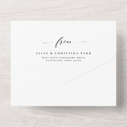 Elegante Initialen einfache Schwarz-Weiß-Hochzeit All In One Einladung (Rückseite)