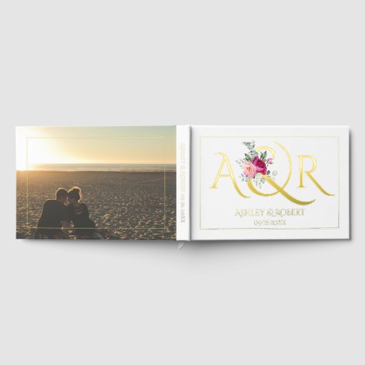 Elegante Initialen, rosa Rosen, Foto Hochzeit Gästebuch (Voll)
