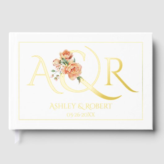 Elegante Initialen und pfirsichfarbene Rose Hochze Gästebuch (Vorderseite)