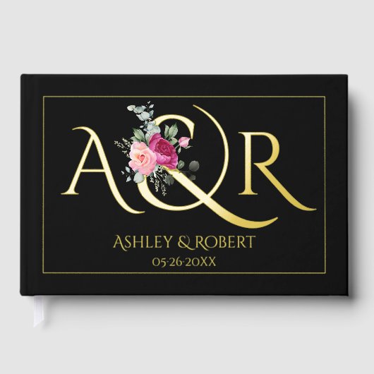 Elegante Initialen und rosa Rosen Hochzeitfolie sc Gästebuch (Vorderseite)