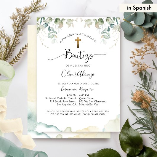 Elegante Invitación de Bautizo Botánica con Hojas Einladung