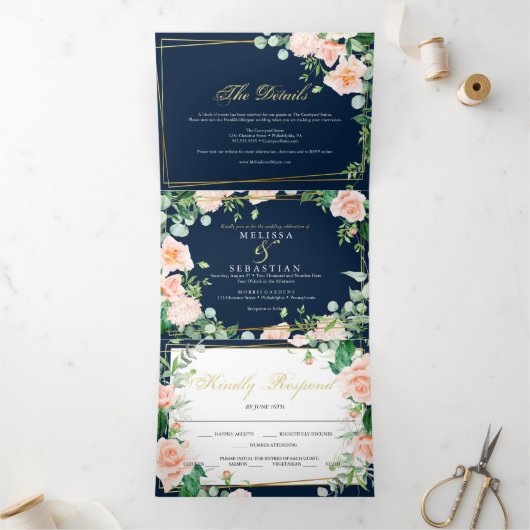 elegante Invitación della Triple azul oro Marino Dreifach Gefaltete Einladung (Innenseite)