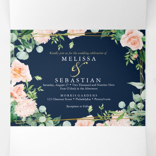 elegante Invitación della Triple azul oro Marino Dreifach Gefaltete Einladung (Innenseite Mitte)