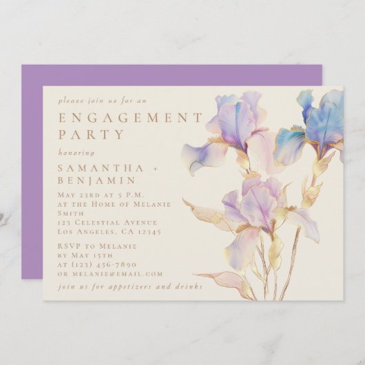 Elegante Iris Floral Engagement Party Einladung (Vorne/Hinten)