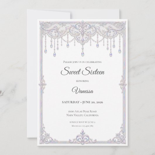 Elegante Irisierende Spitze Sweet 16 Einladung (Vorderseite)