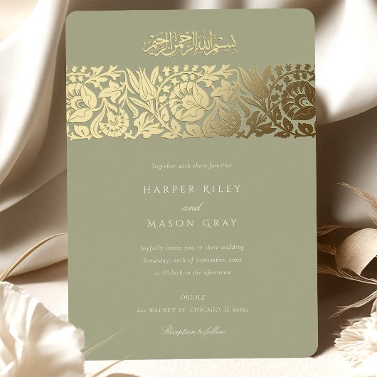 Elegante islamische Blumenhochzeit Gold Sage Green Folieneinladung