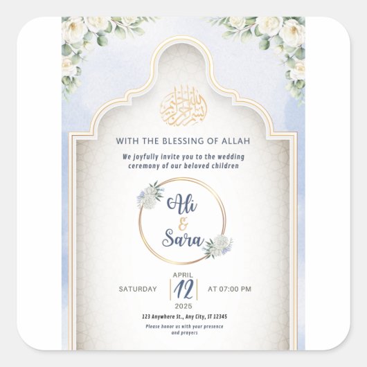 Elegante islamische Einladung zur Hochzeit Quadratischer Aufkleber (Vorderseite)