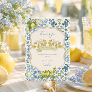 Elegante italienische blaue Fliesen-Zitrone Dankeskarte