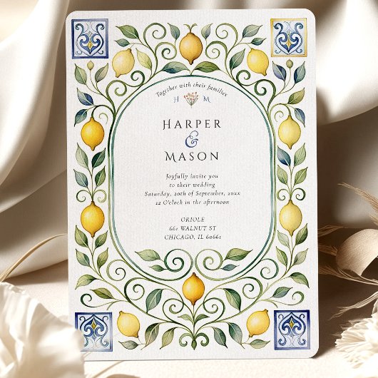 Elegante italienische Zitronen- und blaue Fliesen- Einladung