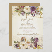 Elegante Ivory Cream Lila Blumenhochzeit Glitzer Einladung (Vorne/Hinten)