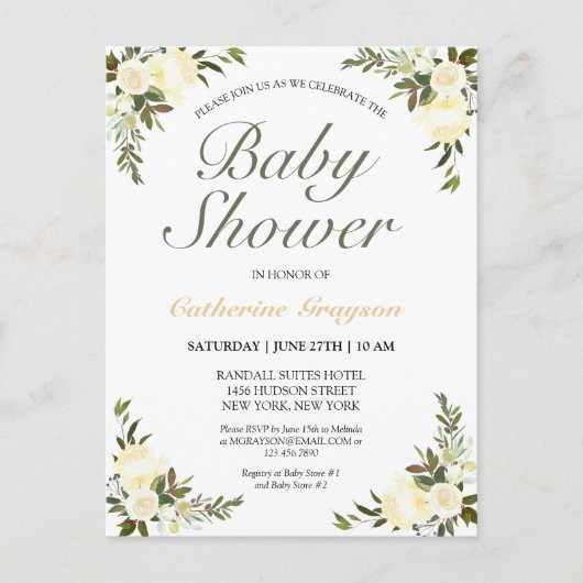 Elegante Ivory Floral Baby Dusche Einladung Postkarte (Vorderseite)