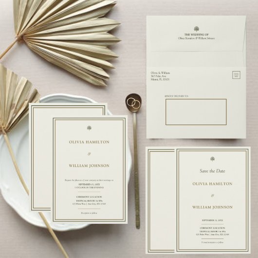 Elegante Ivory & Gold Green Border 12x18 Save The Date