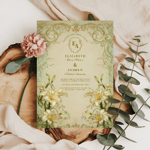 Elegante Ivory Lily Gold Scroll Hochzeit Einladung