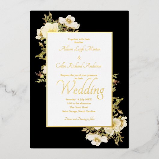 Elegante Ivory Rose Black Lux Folieneinladung (Vorderseite)