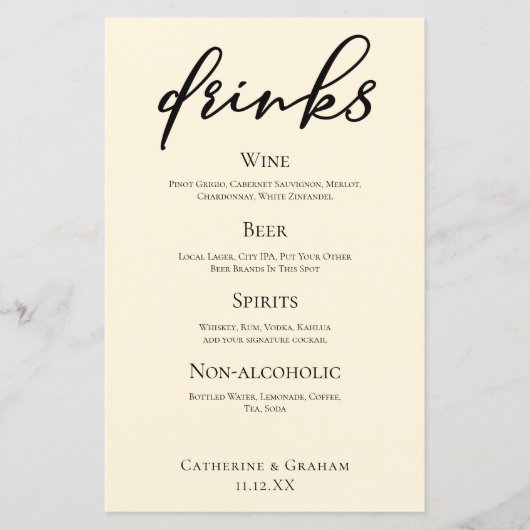 Elegante Ivory Simple Wedding Bar Menu Drinks (Vorderseite)