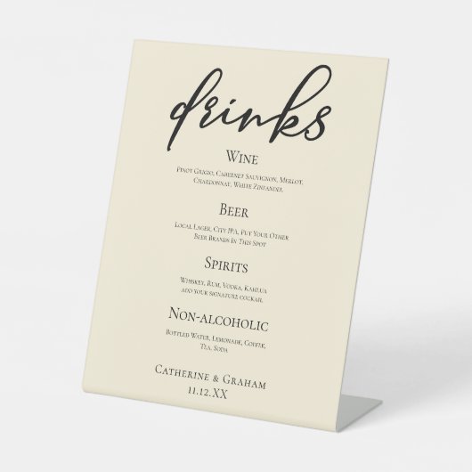 Elegante Ivory Simple Wedding Bar Menu Drinks Sockelschild (Vorderseite)