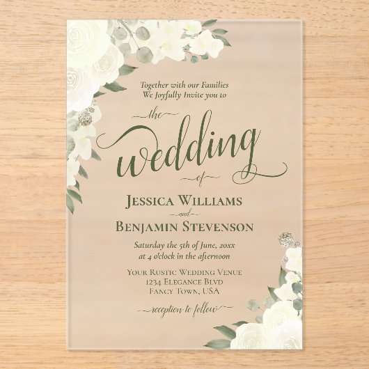 Elegante Ivory White Boho Chic Rose Extravagant Ho Acryleinladungen (Vorderseite)