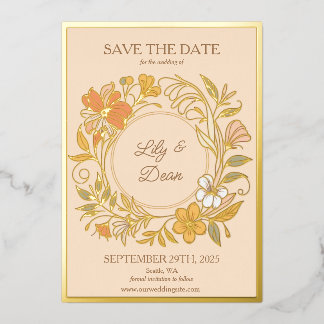 Elegante Jugendstil Blumenstrauß Save the Date Kar Folieneinladung