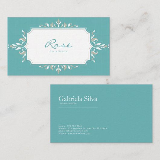 Elegante Jugendstil Botanisch Aquamarin & Taupe Visitenkarte (Vorne/Hinten)