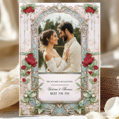 Elegante Jugendstil Burgund Blumenhochzeit Einladung