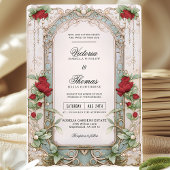 Elegante Jugendstil Burgund Blumenhochzeit Einladung