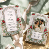 Elegante Jugendstil Burgund Blumenhochzeit Einladung