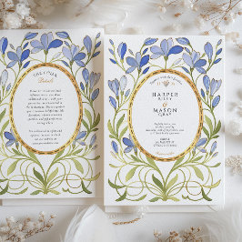 Elegante Jugendstil-Dusty Blue & Gold Wedding Einladung
