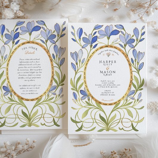 Elegante Jugendstil-Dusty Blue & Gold Wedding Einladung