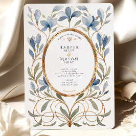 Elegante Jugendstil-Dusty Blue & Gold Wedding Einladung