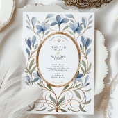 Elegante Jugendstil-Dusty Blue & Gold Wedding Einladung