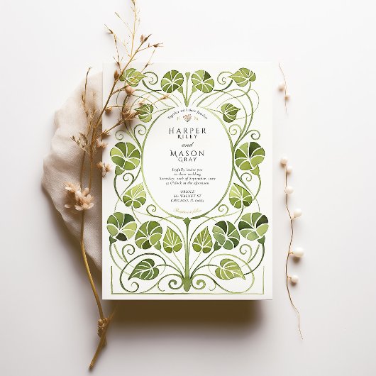 Elegante Jugendstil-Grüne Foliage Hochzeit Einladung