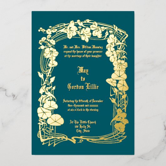 Elegante Jugendstil-Hochzeit an der Grenze Folieneinladung (Vorderseite)