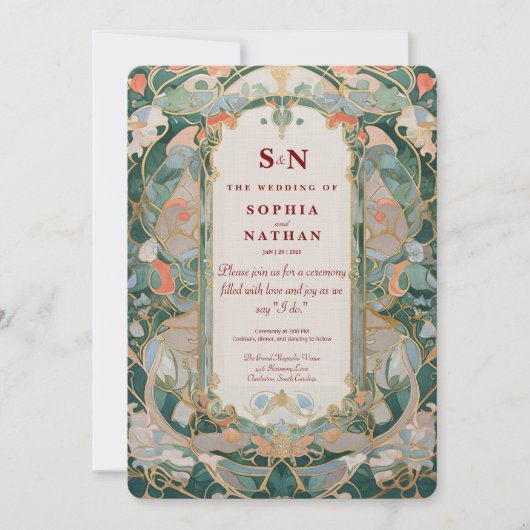 Elegante Jugendstil-Hochzeit mit floraler Einladun Einladung (Vorderseite)