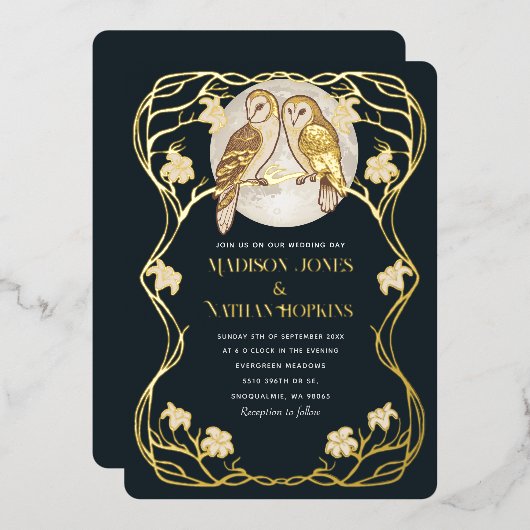 Elegante Jugendstil-Öwen Hochzeit Einladung (Vorderseite/Rückseite)