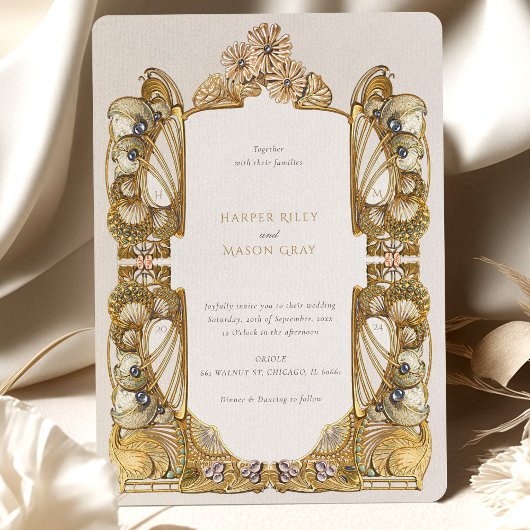 Elegante Jugendstil-Pfauenhochzeit Einladung