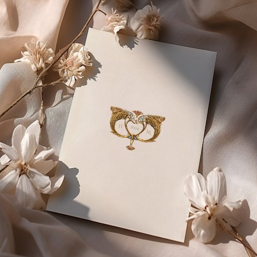 Elegante Jugendstil-Pfauenhochzeit Einladung