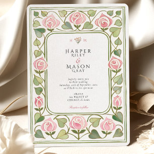 Elegante Jugendstil Rosa Rosengarten Hochzeit Einladung