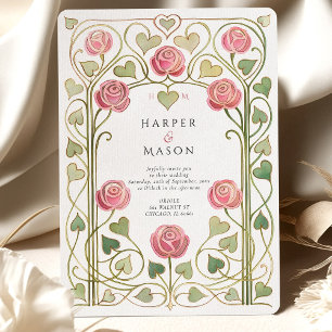 Elegante Jugendstil Rosa Rosengarten Hochzeit Einladung
