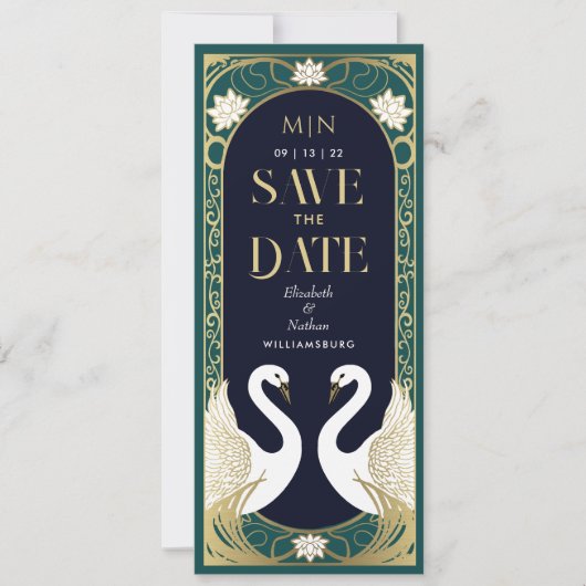 Elegante Jugendstil-Schwäne Save the Date Einladung (Vorderseite)