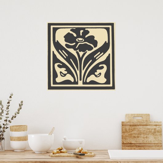 Elegante Jugendstil Schwarz Beige Blume Poster (Küche)