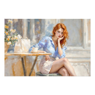 Elegante junge Dame in Blau und Weiß in einem Café Fotodruck