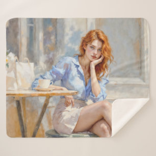 Elegante junge Dame in Blau und Weiß in einem Café Sherpadecke