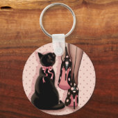 Elegante junge Frau und schwarze Katze Schlüsselanhänger (Vorderseite)