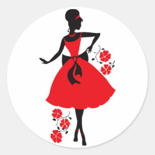 Elegante junge Vintage-Frau rote schwarze Silhouet Runder Aufkleber