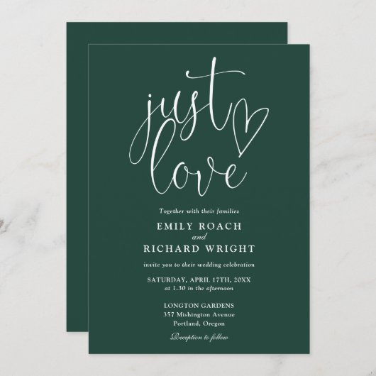 Elegante Just Liebe Script Emerald Green Wedding Einladung (Vorne/Hinten)