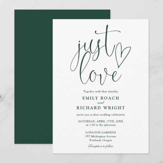 Elegante Just Liebe Script Emerald Green Wedding Einladung (Vorne/Hinten)