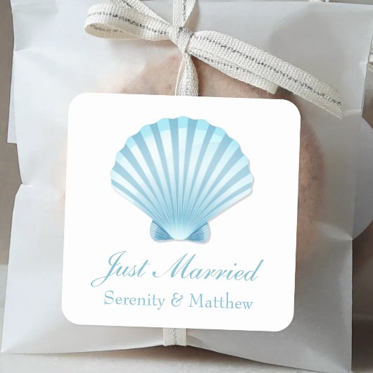 Elegante Just Married Muschel Blue Nautical Weddin Quadratischer Aufkleber