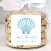 Elegante Just Married Muschel Blue Nautical Weddin Quadratischer Aufkleber